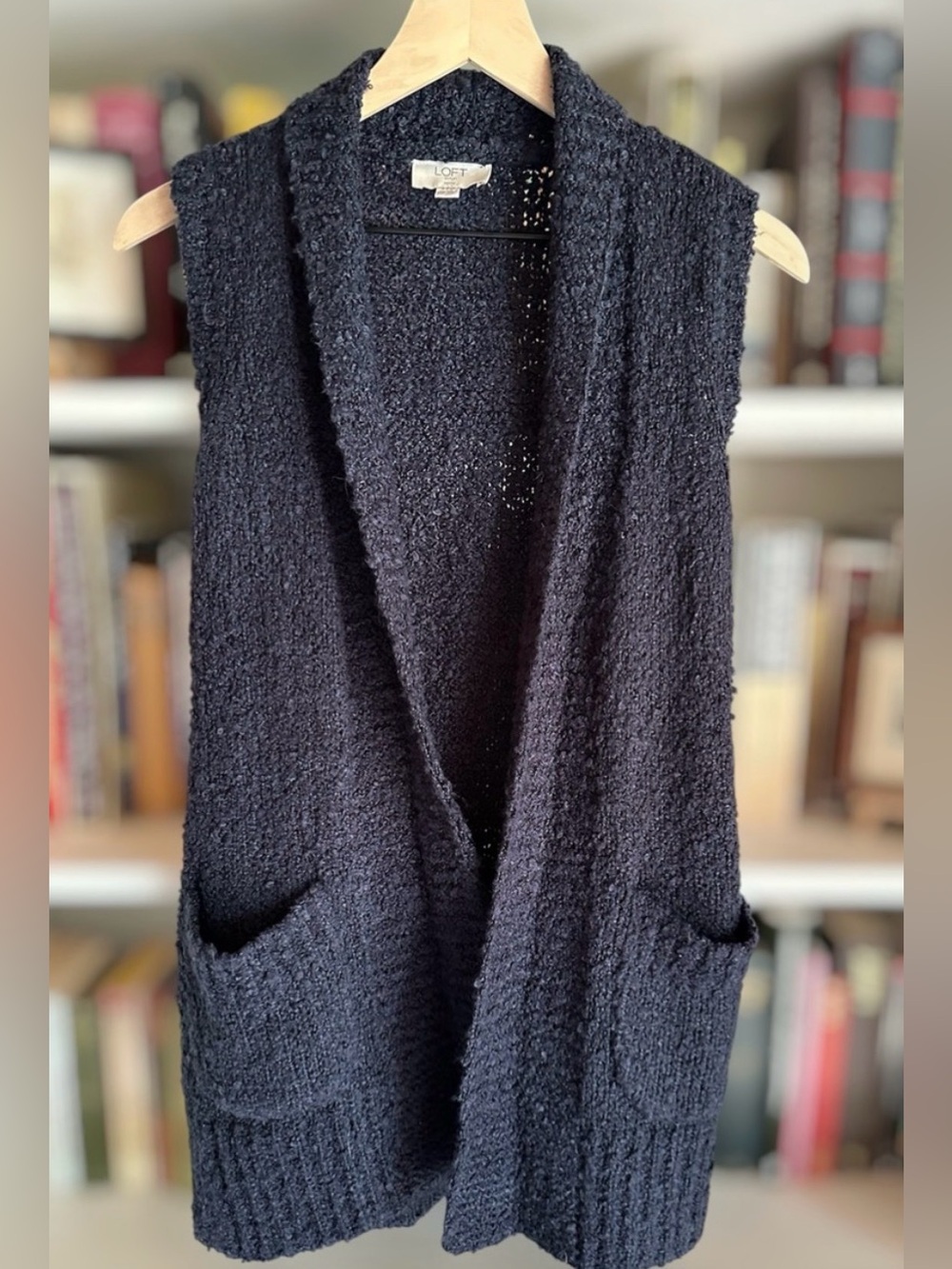 LOFT Navy Blue Bucle Shawl Collar Open Vest